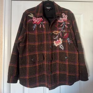 Johnny Was Garnet Plaid Jacket with Multicolor Floral Embroidery